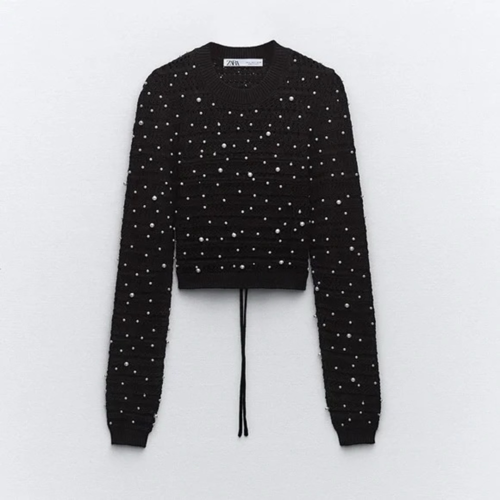 Zara Cropped Knit Pearl-Embellished Sweater